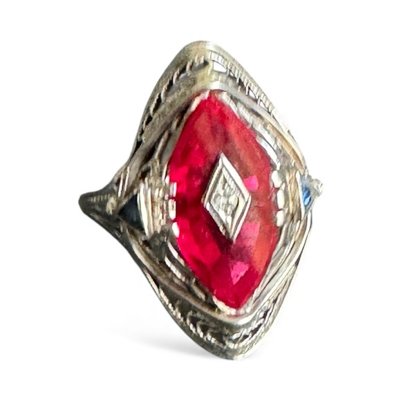 Vintage Jewelry - Art Deco 14K White Gold Ring Marquis Lab Ruby Filigree Setting Vintage Size 8